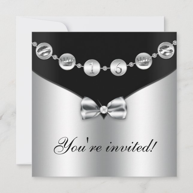 Black & Silver Bow Charm 16 . Geburtstag Einladung (Vorderseite)