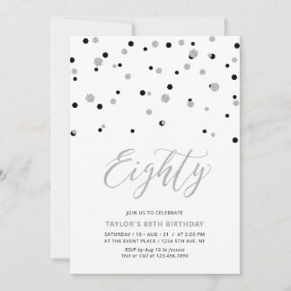 Black & Silver Confetti 80. Geburtstagsparty Einladung