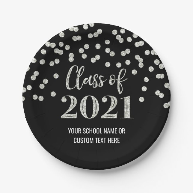 Black Silver Confetti Abschluss 2021 Pappteller (Vorderseite)