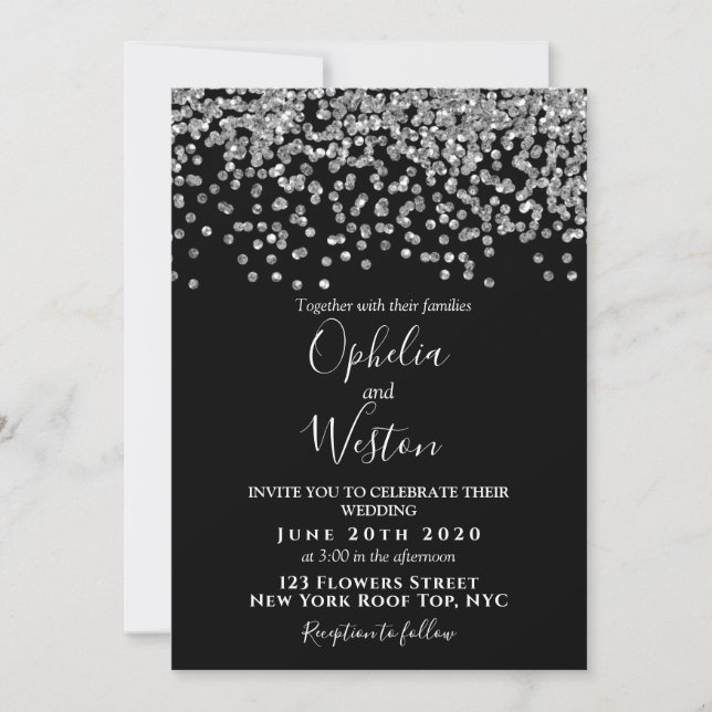 Black & Silver Confetti Elegante Moderne Hochzeit Einladung (Vorderseite)