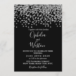 Black & Silver Confetti Elegante Moderne Hochzeit Einladung