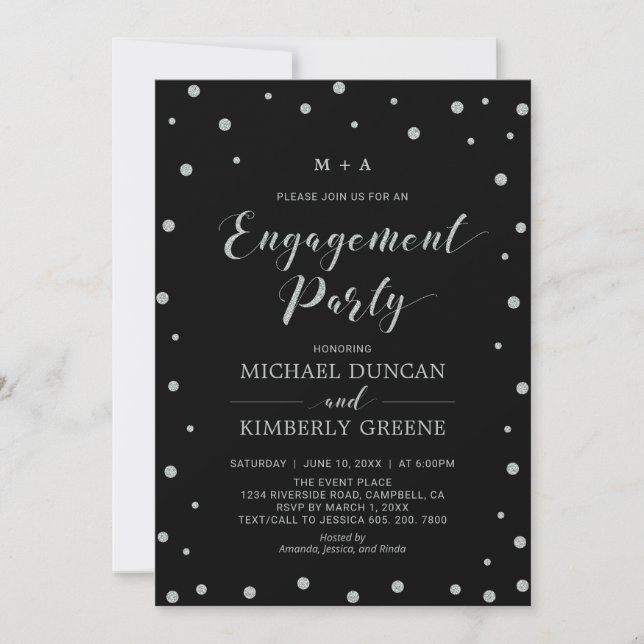Black & Silver Confetti | Moderne Engagement-Parte Einladung (Vorderseite)