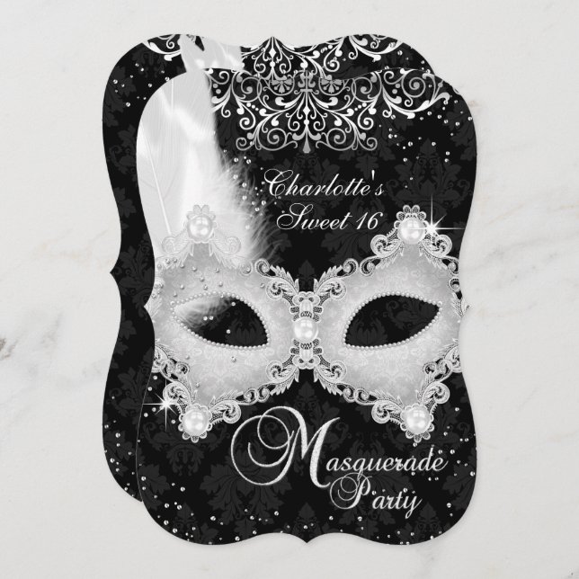 Black Silver Damask Masquerade Sweet 16 Einladung (Vorne/Hinten)