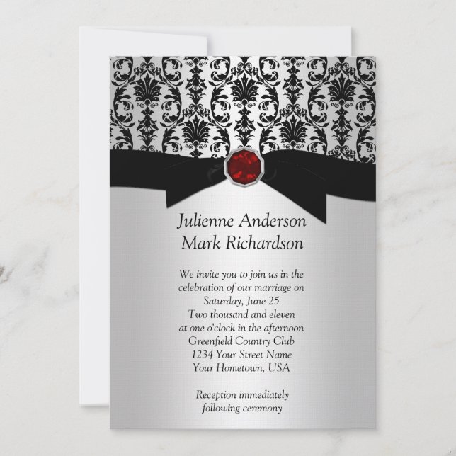Black Silver Damask Ruby Wedding Einladung (Vorderseite)