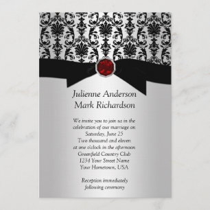 Black Silver Damask Ruby Wedding Einladung