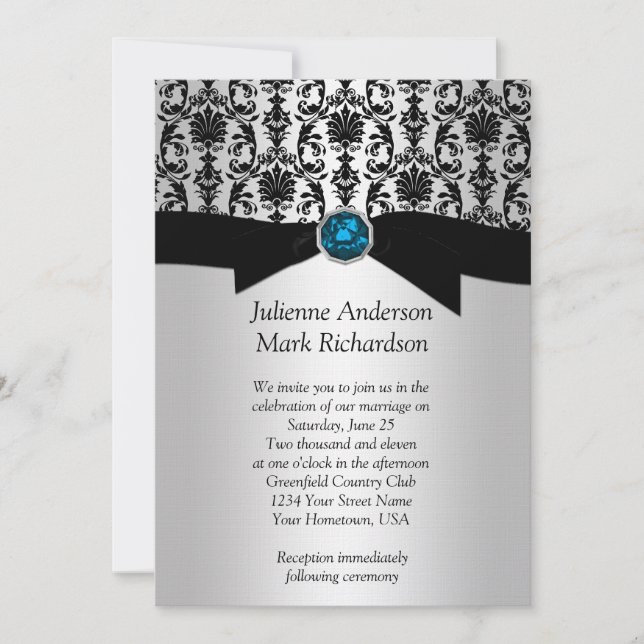 Black Silver Damask Türkis Hochzeitsempfang Einladung (Vorderseite)