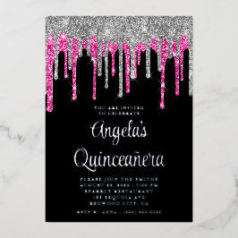 Black Silver Deep Pink Glitzer Tropfen Quinceañera Folieneinladung