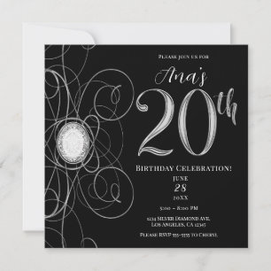 Black & Silver Diamond 20 Geburtstagsparty Einladung