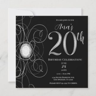 Black & Silver Diamond 20 Geburtstagsparty Einladung