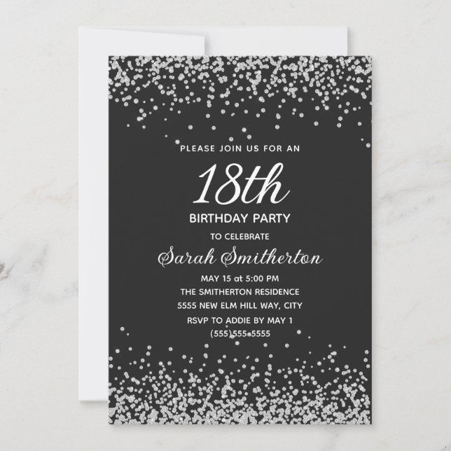 Black Silver Diamond Glitzer 18. Geburtstag Einladung (Vorderseite)