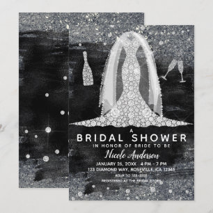 Black Silver Diamond Wedding Dress Brautparty Einladung