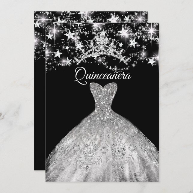 Black Silver Dress Sparkle Tiara Stars Quinceanera Einladung (Vorne/Hinten)