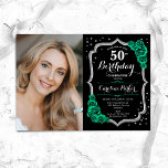 Black Silver Emerald Green Foto 50. Geburtstag Einladung<br><div class="desc">Elegante Blumenladen zum 50. Geburtstag mit Ihrem Foto. Glam schwarz & smaragdgrün Design mit Imitaten Glitzer Silber. Enthält grüne Rose,  Skript-Schriftart und Konfetti. Ideal für ein stilvolles Party für Erwachsene. Personalisieren Sie Ihre persönlichen Daten. Kann für jedes Alter angepasst werden! Gedruckte Zazzle Einladungen oder Sofortdownload digitalen druckbaren Vorlage.</div>