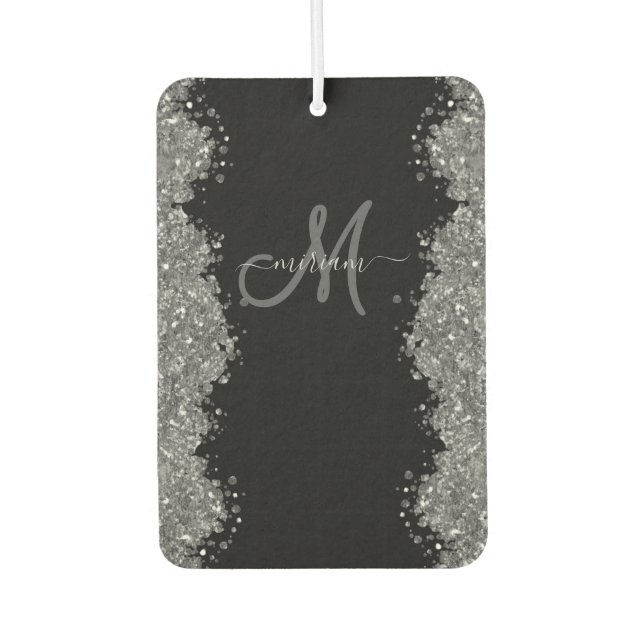 Black Silver Faux Glitter Grey Modern Monogram Autolufterfrischer (Vorderseite)