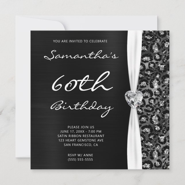 Black Silver Foil Glitzer Leopard Glam Geburtstag Einladung (Vorderseite)