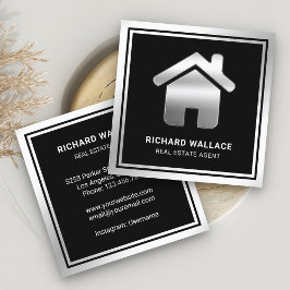 Black Silver Foil Zuhause Logo Real Anwesen Agent Quadratische Visitenkarte