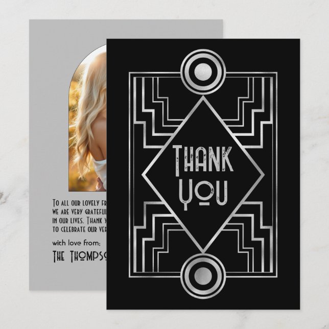 Black & Silver Gatsby-Inspired Art Deco Wedding Dankeskarte (Vorne/Hinten)
