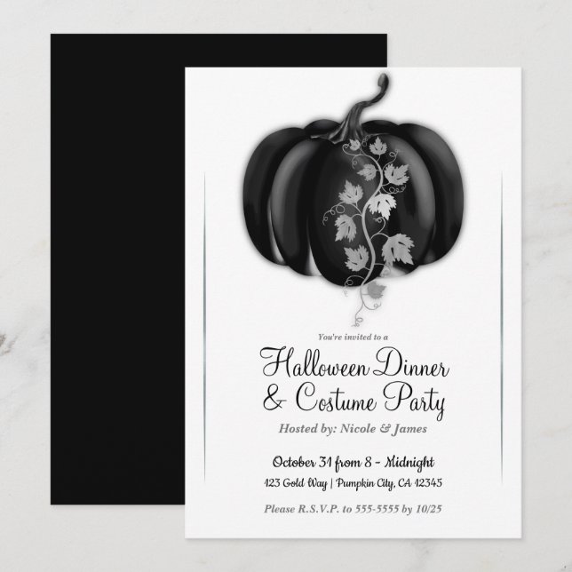 Black & Silver Glam Pumpkin Halloween Party Einladung (Vorne/Hinten)
