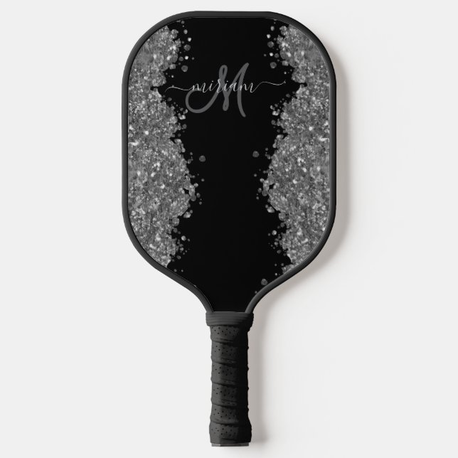 Black Silver Glitter Grey Modern Monogram Pickleball Schläger (Vorderseite)
