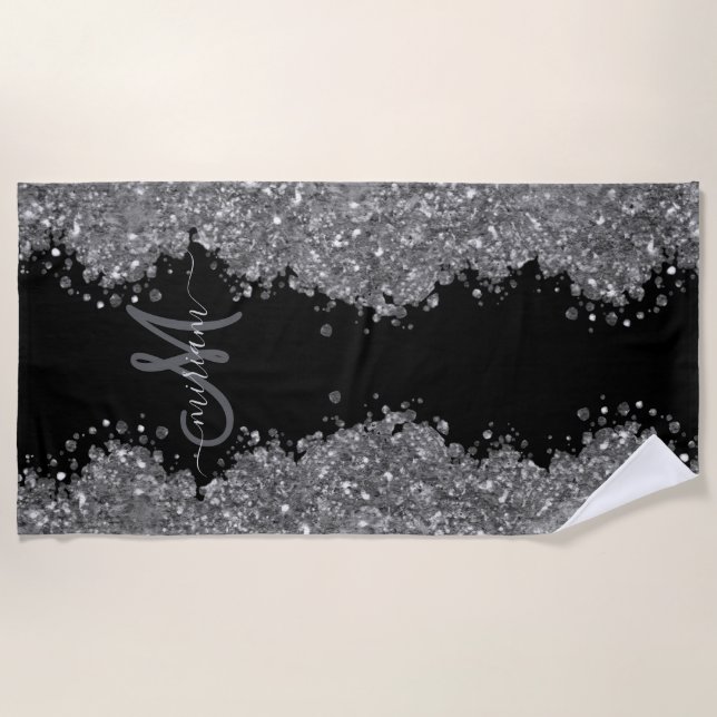Black Silver Glitter Grey Modern Monogram Strandtuch (Vorderseite)