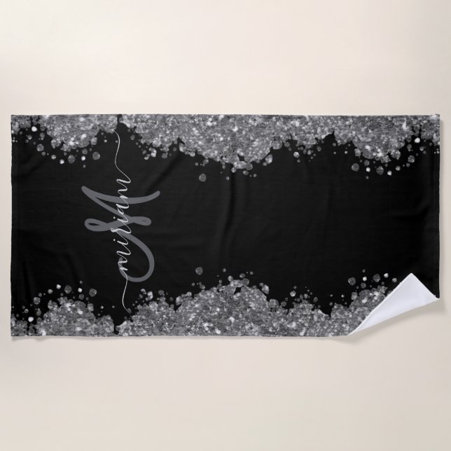 Black Silver Glitter Grey Modern Monogram Strandtuch (Vorderseite)