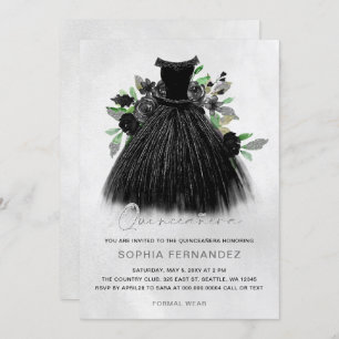 Black Silver Glitzer Blumenkleid Quinceañera Einladung