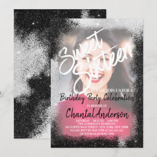 Black Silver Glitzer Border Foto 16 . Geburtstag Einladung