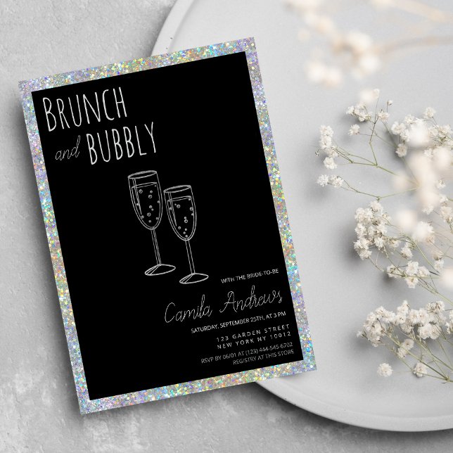 Black Silver Glitzer Brunch Bubbly Brautparty Einladung (Black Silver Glitter Brunch Bubbly Bridal Shower )