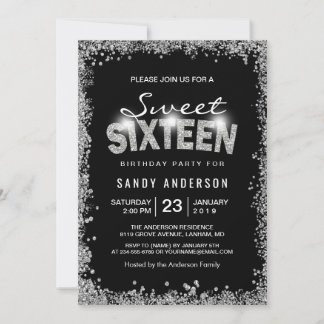Black Silver Glitzer Diamond Sweet 16 Sechzehn Einladung