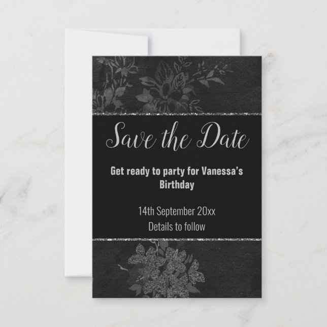 BLACK SILVER GLITZER FLORAL PATTERT SAVE THE DATE RSVP KARTE (Vorderseite)