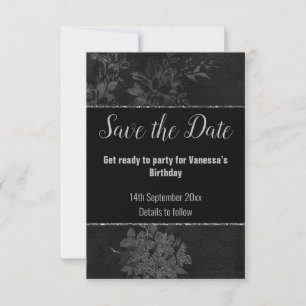BLACK SILVER GLITZER FLORAL PATTERT SAVE THE DATE RSVP KARTE