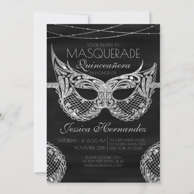 Black Silver Glitzer Lace Masquerade Quinceañera Einladung (Vorderseite)