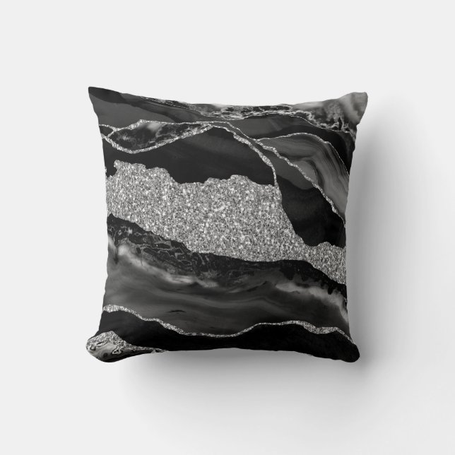 Black Silver Glitzer Luxus Agate Geode Kissen (Vorderseite)
