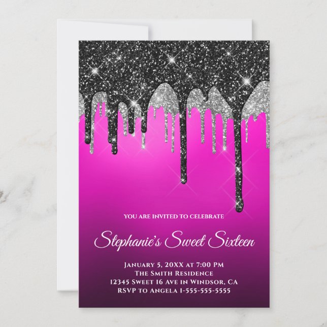 Black Silver Glitzer Magenta Lila Ombre Sweet 16 Einladung (Vorderseite)