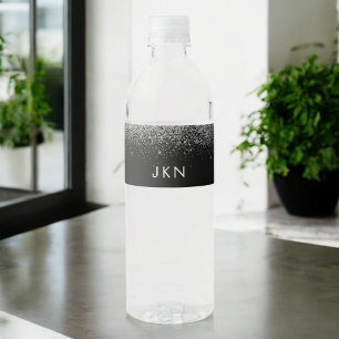 Black Silver Glitzer Modern Monogram Name Wasserflaschenetikett
