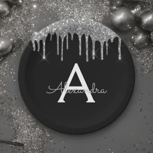 Black Silver Glitzer Monogram Birthday Pappteller