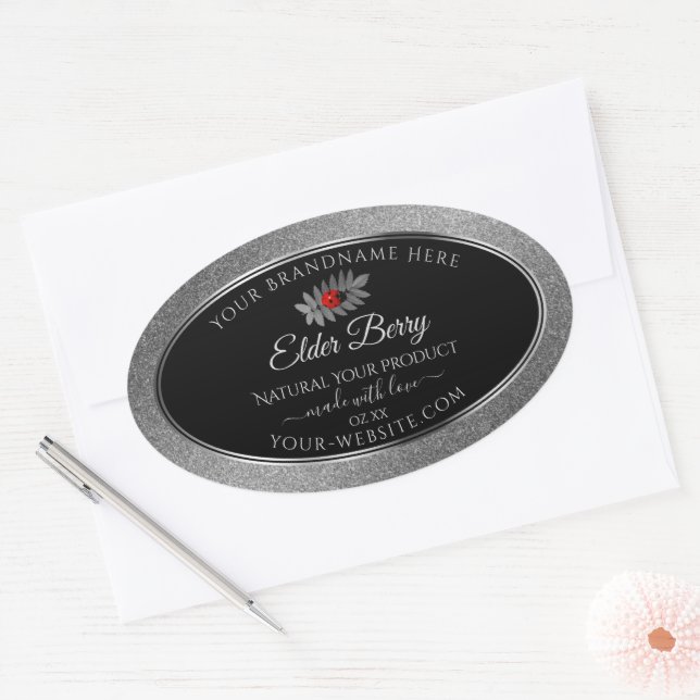 Black Silver Glitzer Product Labels Red Ladybug Ovaler Aufkleber (Umschlag)