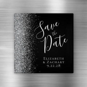Black Silver Glitzer Script Save the Date Magnet