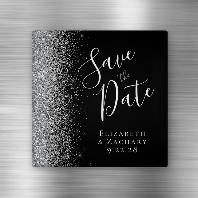 Black Silver Glitzer Script Save the Date Magnet (Von Creator hochgeladen)