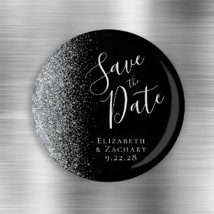 Black Silver Glitzer Script Save the Date Magnet