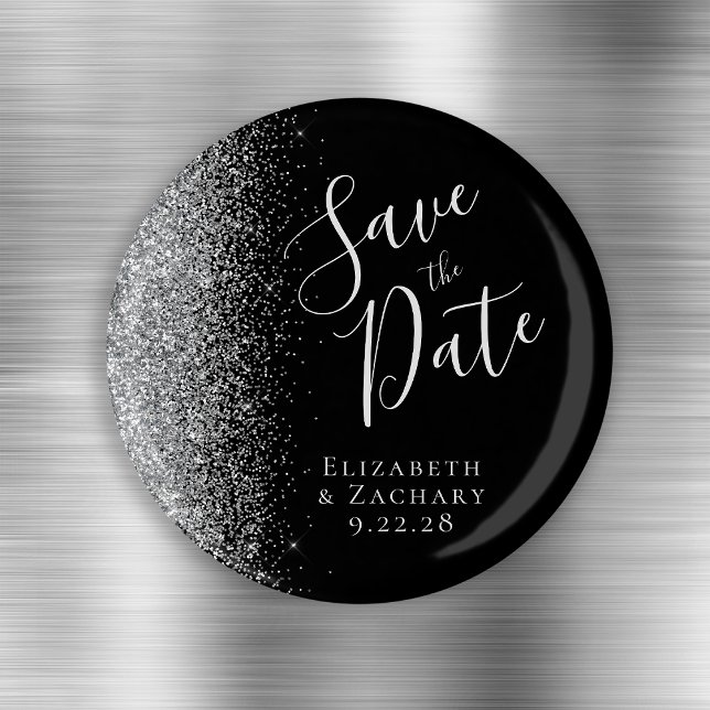 Black Silver Glitzer Script Save the Date Magnet (Von Creator hochgeladen)