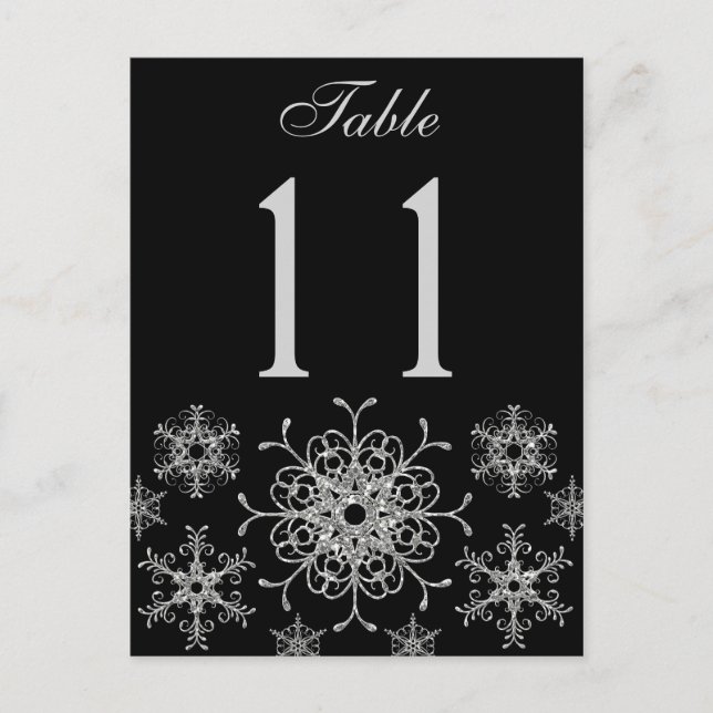 Black Silver Glitzer Snowflakes Tischnummer Card (Vorderseite)