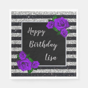 Black Silver Glitzer Streifen Lila Rose Geburtstag Serviette