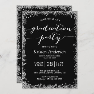 Black Silver Glitzer Typografy Graduation Party Einladung