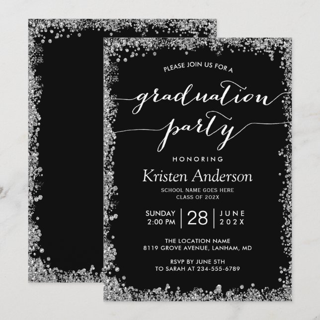 Black Silver Glitzer Typografy Graduation Party Einladung (Vorne/Hinten)