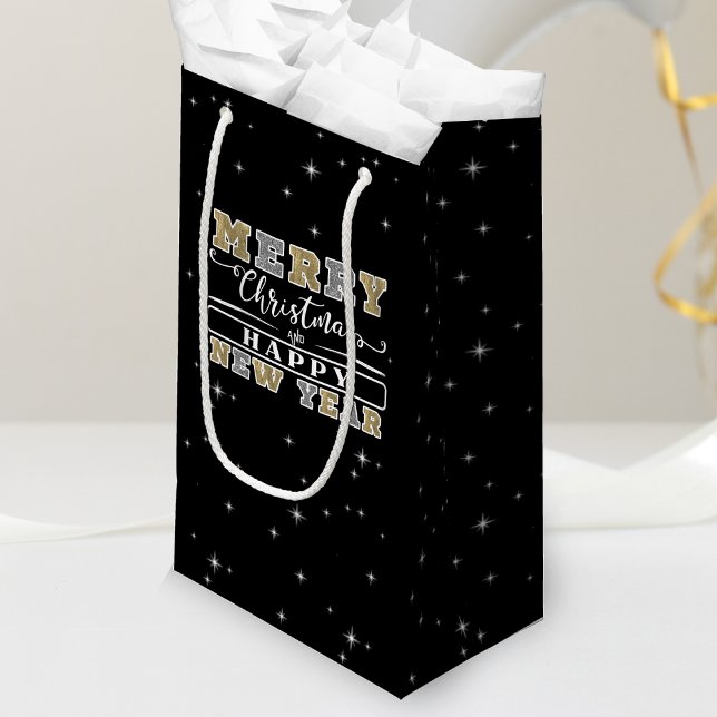 Black Silver & Gold Frohe Weihnachten Glück Neues  Kleine Geschenktüte (Black Silver & Gold Merry Christmas Happy New Year Small Gift Bag)