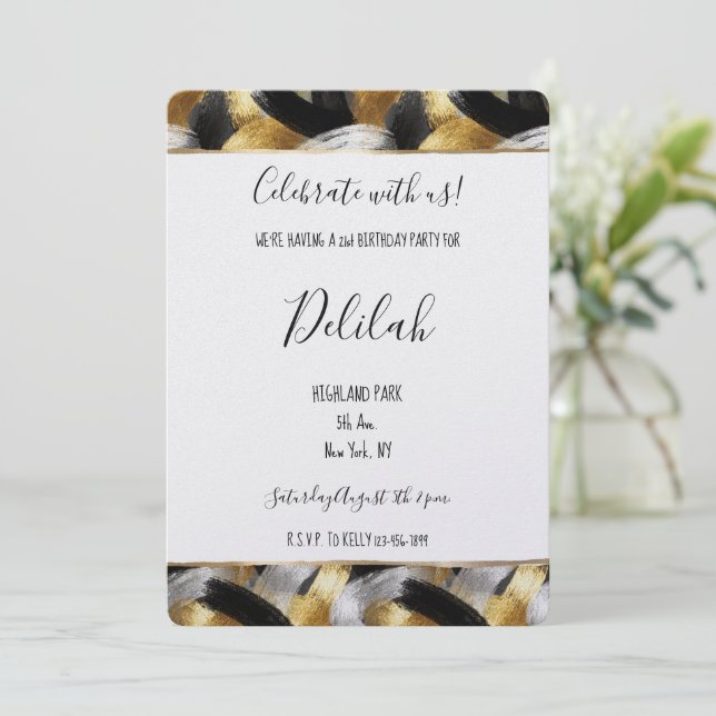 Black Silver Gold Glam Abstract Birthday Einladung (Stehend Vorderseite)