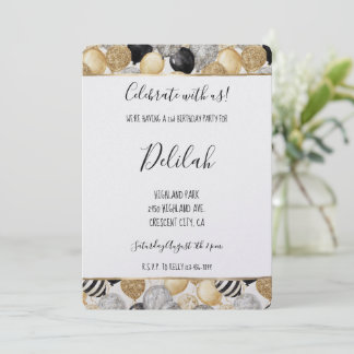 Black Silver Gold Glam Balloons Birthday Einladung