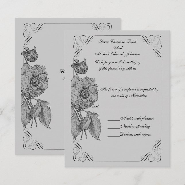 Black Silver Gray Peony Floral Wedding RSVP Karte (Vorne/Hinten)