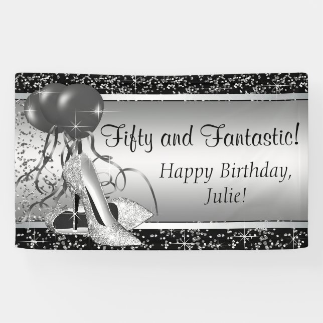 Black Silver High Heel Shoe Geburtstagsparty Banner (Horizontal)